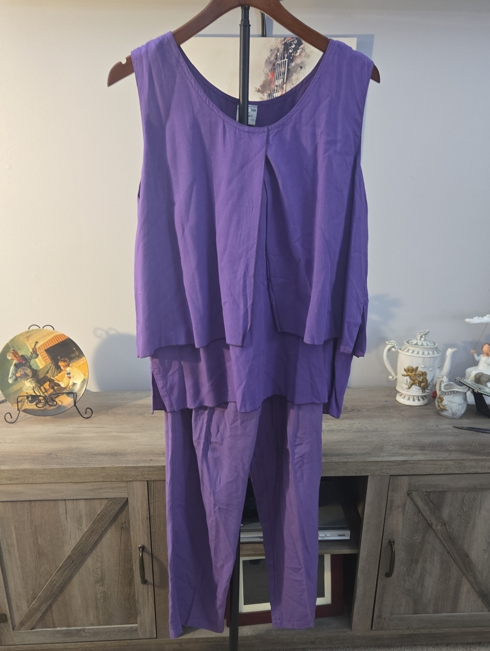 2 Piece Relaxed Layered Sleeveless Tank Top With Drawstring Pants in Purple